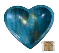 Prayer Bowl with Card Heart Shaped Religious Christian Prayer Bowl Wooden with Cross Carving Decorative Congregation Gifts Blue, Wooden, Heart Shaped, Bowls