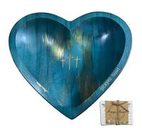 Prayer Bowls with Card Heart Shaped Religious Christian Prayer Bowl Wooden with Cross Carving Decorative Congregation Gifts Blue