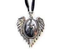 Prayer For The Fallen - Angel Cameo Oval Cabochon Style Pendant Necklace in Winged Setting With Heart Casting at Top, Ribboned - Artwork by Anne Stokes