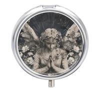 Praying Angel Flower Pill Box 3 Compartment Travel Pill Organizer 3 Times A Day Cute Mini Pill Case for Purse & Pocket Portable Metal Medicine Box with Mirror Round Daily Medicine Vitamin Container