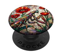 Praying mantis stained glass vibrant poppy flower insect art PopSockets Adhesive PopGrip