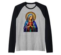 Praying Virgin Mary Stained Glass Catholic Devotion Icon Raglan Baseball Tee