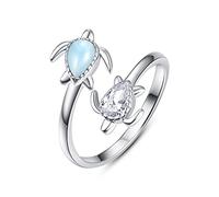 praymos 925 Sterling Silver Sea Turtle Adjustable Ring for Women, Larimar & Pear Cubic Zirconia Double Turtle Open Thumb Ring, Ocean Animal Tortoise Summer Beach Jewelry Gift