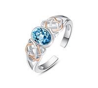 praymos Celtic Knot Birthstone Thumb Ring for Women, Two-Tone Silver Rose Gold Oval Blue Topaz Open Adjustable Ring, Irish Infinity Knot Gemstone Statement Ring Jewelry Gift for Girls Wife Mom