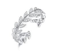 praymos Leaf Ring 925 Sterling Silver Adjustable Open Ring for Women, Cubic Zirconia Olive Branch Leaf Wrap Band Ring Dainty Statement Stackable Finger Rings Jewelry Gift for Wife Her