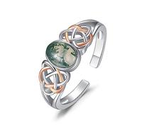 praymos Moss Agate Ring 925 Sterling Silver Two Tone Celtic Knot Open Adjustable Statement Ring Natural Oval Moss Agate Promise Ring Jewelry Gift for Women Girls