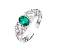 praymos Silver Rose Gold Celtic Knot Birthstone Ring for Women, Oval Simulated Emerald Solitaire Open Adjustable Thumb Band Ring, Irish Eternal Love Promise Jewelry Gift for May Birthday