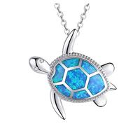 praymos Sterling Silver Blue Opal Sea Turtle Necklace, Cute Ocean Tortoise Pendant Necklace with CZ Diamond, Ocean Animal Jewelry Birthday Anniversary Christmas Gift for Women Girls