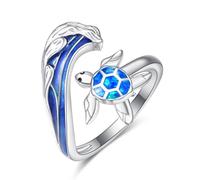 praymos Wave Sea Turtle Opal Ring 925 Sterling Silver Adjustable Open Rings for Women, Hawaiian Ocean Wave Blue Fire Opal Tortoise Jewelry, Beach Sea Turtle Gift for Lovers Mom Daughter Birthday