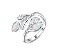praymos Women Opal Open Ring, White Gold Plated 925 Sterling Silver Leaf Marquise Opal Ring, Engagement Wedding Promise Jewellery Gift for Her Birthday