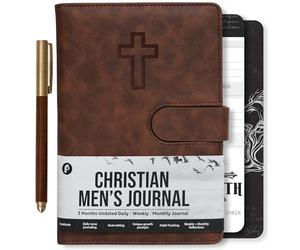 Prazoli Leather Christian Bible Prayer Journal For Men - Study Scripture Notebook & Planner Daily Devotional Undated | Religious Jesus Faith Gifts for Graduation, Pastor Baptism & Church, Cross