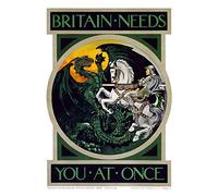 Prc UK WWI War Britain Needs You Recruitment Advert Premium Wall Art Canvas Print 18X24 Inch