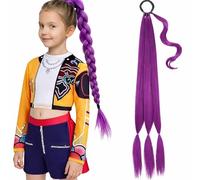 Pre-Braided Purple Synthetic Ponytail Extension With Elastic Tie For Cosplay, Dress-Up - Long Vibrant Clip-In Hair Extensions For Kids, Instant Volume For Stage Performances