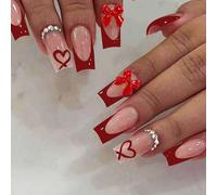 Pre-Designed Short Glossy Square French Tip Press On Nails with Red Bow Tie & Rhinestone Charm - Elegant Manicure Set for Women Featuring Sparkling Heart Embellishments, Ready-to-Wear Glossy False