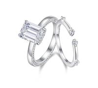 Pre Engagement Ring, Friendship Rings 2 Rings Set with Rectangle 1.5ct Moissanite Silver Platinum Size S 1/2