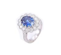 Pre Engagement Ring, Pretty Rings for Women 18.1K White Gold Flower with 5Ct Dark Blue Oval Lab Created Sapphire Size K 1/2