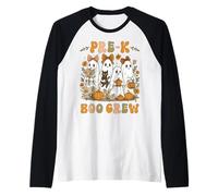 Pre K Boo Crew Teacher Halloween Floral Ghost Coquette Bow Raglan Baseball Tee