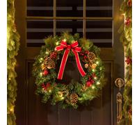 HOMCOM Pre-Lit Artificial Christmas Door Wreath Holly Garland Decor Pine Cones 2
