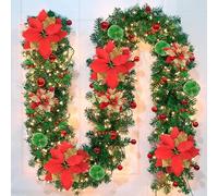 Pre-Lit Artificial Christmas Garland, Green, Warm Lights, Decorated with Red Flowers, Balls, Berries, Snowy Pine for Home Stairs Fireplace Front, Christmas Decorations, 9 Ft