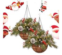 Pre-Lit Artificial Christmas Hanging Basket,Christmas Hanging Baskets for Outdoors,Artificial Xmas Basket Outdoor Decorations with Pine Red Berries Pinecones,LED for Outside Porch Front Door (A,2PCS)