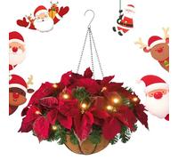 Pre-Lit Artificial Christmas Hanging Basket,Christmas Hanging Baskets for Outdoors,Artificial Xmas Basket Outdoor Decorations with Pine Red Berries Pinecones,LED for Outside Porch Front Door (B,1PCS)