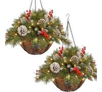 Pre-Lit Artificial Christmas Hanging Basket, Christmas Hanging Baskets with Pine Red Berries Pinecones for Outdoors, 20 Inch Xmas Baskets with Lights for Outside Porch Front Door (2Pcs)