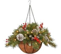 Pre-Lit Artificial Christmas Hanging Basket, Christmas Hanging Baskets with Pine Red Berries Pinecones for Outdoors, 20 Inch Xmas Baskets with Lights for Outside Porch Front Door (1Pcs)