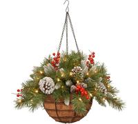 Pre-Lit Artificial Christmas Hanging Basket, Pre-Decorated Xmas Holiday Decor with LED String Lights, Frosted Pine Cones, Red Berry Clusters for Outside Porch Front Door (1PCS)