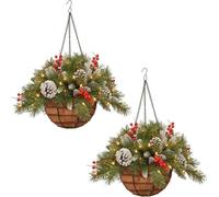 Pre-Lit Artificial Christmas Hanging Basket, Pre-Decorated Xmas Holiday Decor with LED String Lights, Frosted Pine Cones, Red Berry Clusters for Outside Porch Front Door (2PCS)