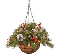 Pre-Lit Artificial Christmas Hanging Basket with LED String Lights Pine Cones and Berries - Outdoor Decoration for Garden, Patio, Lawn (1PCS)