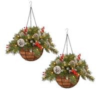 Pre-lit Artificial Christmas Hanging Basket with Pine Cones Berries and LED String Lights,Xmas Decorate for Porch,Front Door,Home,Garden,Patio,Lawn (2)