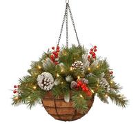 Pre-lit Artificial Christmas Hanging Basket with Pine Cones Berries and LED String Lights,Xmas Decorate for Porch,Front Door,Home,Garden,Patio,Lawn (1)