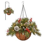 Pre-Lit Artificial Christmas Hanging Basket With Pine Cones Berry Clusters Frosted Branches, Fake Plants Faux Christmas Pine Branches, ChristmasHanging Basket For Porch Front Door Holiday Decor