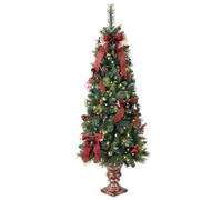 Pre-lit Artificial Christmas Tree 150cm/5ft,Potted Decorated Pine Xmas Tree with LED Lights & 5 Bells & 5 Bow Tie & 8 Red Berry & 4 Pinecone for Indoor Outdoor