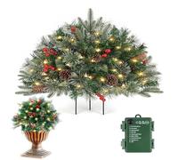 Pre-Lit Artificial Christmas Tree Urn Filler, 18in Lighted Artificial Xmas Pine Trees with Tripod Stake 60 LED Lights for Porch Yard Garden Flower Beds (B-1pc)