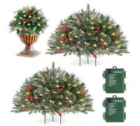 Pre-Lit Artificial Christmas Tree Urn Filler, 18in Lighted Artificial Xmas Pine Trees with Tripod Stake 60 LED Lights for Porch Yard Garden Flower Beds (B-2pcs)