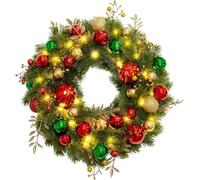 Pre-Lit Artificial Christmas Wreath, Green Winter Wreath, Warm White Lights, Decorated with Christmas Ball, Berry Clusters, Christmas Wreaths for Front Door, Window, Fireplace Decorations (A, 18in)