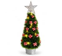 Pre Lit Artificial Green Mini Christmas Tree 41cm LED Candy Cane Decoration | Xmas Table Centrepiece Candy Cane Baubles Festive Decs Home Office Gift Mantlepiece Red White Decorations
