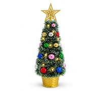 Pre Lit Artificial Green Mini Christmas Tree 41cm LED Table Desk Decoration | 41cm Pre Decorated Mini Xmas Tree With Baubles Gold Star Topper & Basket Centerpiece Table Decs LED Lights With 3 Settings