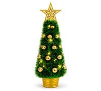 Pre Lit Artificial Mini Christmas Tree 41cm Table Desk Desktop Decorations | Xmas Centrepiece, Gold Baubles. Battery Operated Lights, Festive Decorations Home Office Gift Mantlepiece Decs