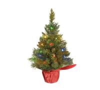 Pre-Lit Artificial Mini Christmas Tree, 60cm Small Christmas Tree with LED String Lights, Green Xmas Tree for Home Tabletop Decoration (Colored Lights + Red Base)