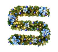 Pre-lit Christmas Garland - Lighted Garland for Christmas | Pre-lit Artificial Christmas Garland | 9ft Led Lights, Red Rattan Flower Christmas Decor, Girna Decor