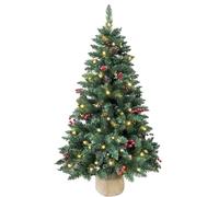 Pre-lit Christmas Tree 120cm/4ft,300 Branches Tips Artificial Pine Xmas Tree with 100 LED Lights & 20 Red Berry & 20 Pinecone Burlap Base for Indoor Outdoor Decoration