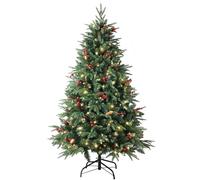 Pre-lit Christmas Tree 150cm/5ft,600 Branches Tips Artificial Pine Xmas Tree with 150 LED Lights & 40 Red Berry & 40 Pinecone Decoration for Indoor Outdoor