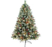 Pre-lit Christmas Tree 180cm/6ft, 750 Branches Tips Artificial Pine Xmas Tree with 180 LED Warm Lights & 50 Red Berry & 30 Pinecone Holiday Party Decoration for Indoor Outdoor