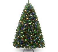 Pre Lit Christmas Tree 6ft, Artificial Xmas Tree with 250 Multi Colour LED Lights, 8 Light Modes, Bushy 1000 Branch Tips, Foldable Metal Stand, for Home Office Party Holiday Decoration