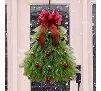 Pre-Lit Christmas Tree Wreath for Decorating Outdoor, Christmas Wreath with Lights, Red Green Buffalo Plaid Bow Mailbox Wreath, Christmas Decorations for Front Door, Battery Operated (Red)