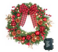 Pre-lit Christmas Wreath,40CM/15.8 IN Pre Lit Artificial Christmas Décor Wreath with Lights,Bow,Indoor Outdoor Holiday Party Decorations for Front Door Wall (B)