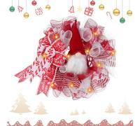 Pre lit Christmas Wreath Santa Gnome Wreath, Santa Gnome Christmas Hanging Wreath with Lights for Front Door, Artificial Wreath Swedish Tomte Wall Décor for Home Xmas Window Porch Indoor Outdoor (A)