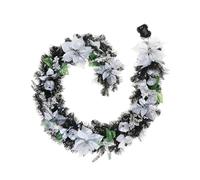 Pre-Lit Decorated Black Garland - 6 ft, White and Silver Poinsettias, 30 White LED Lights, Battery Powered